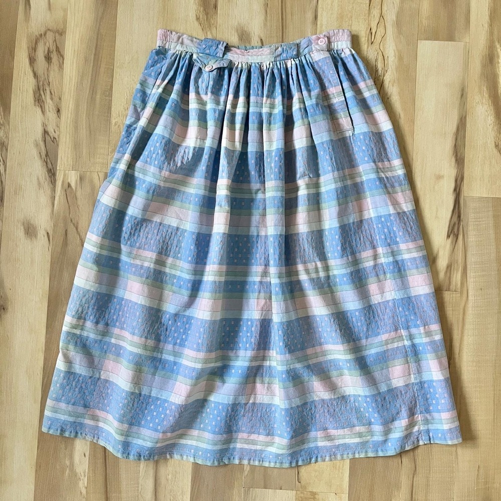 Vintage Skirt Women's Large Pastel Madras Plaid Pink Blue Pleated Coastal Beach